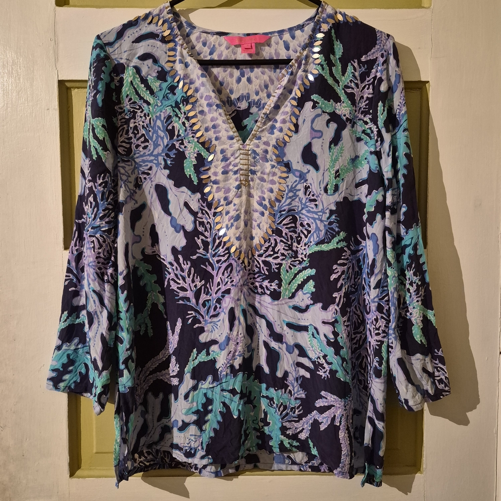 Lilly Pulitzer Renato SILK Tunic Blouse Top Embellished Beaded